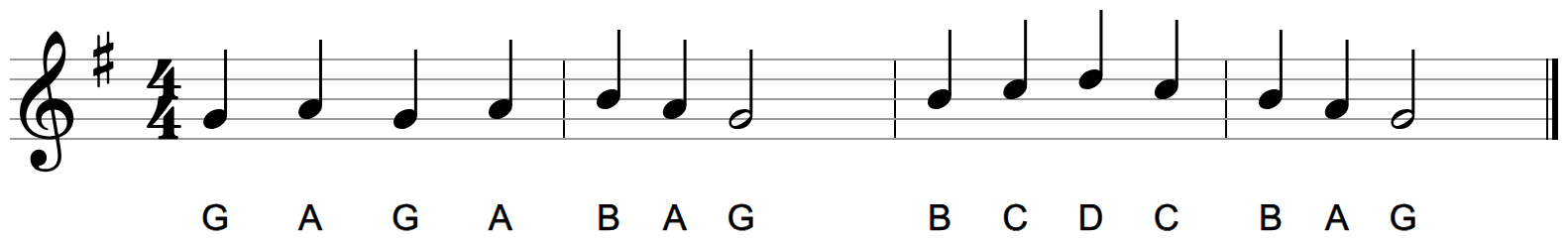 A four-bar melody on the treble staff in G major with letter names under each note, rising to a high D in the third bar