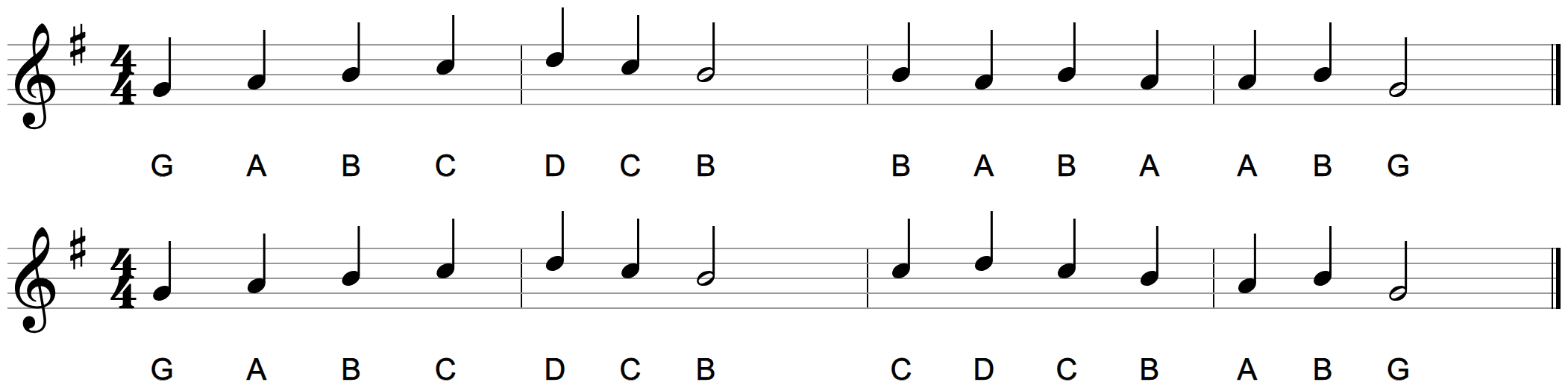 The second half of an eight-bar melody engraved twice on the treble staff in G major, one above the other, identical except in the third bar where the lower version climbs to a high D