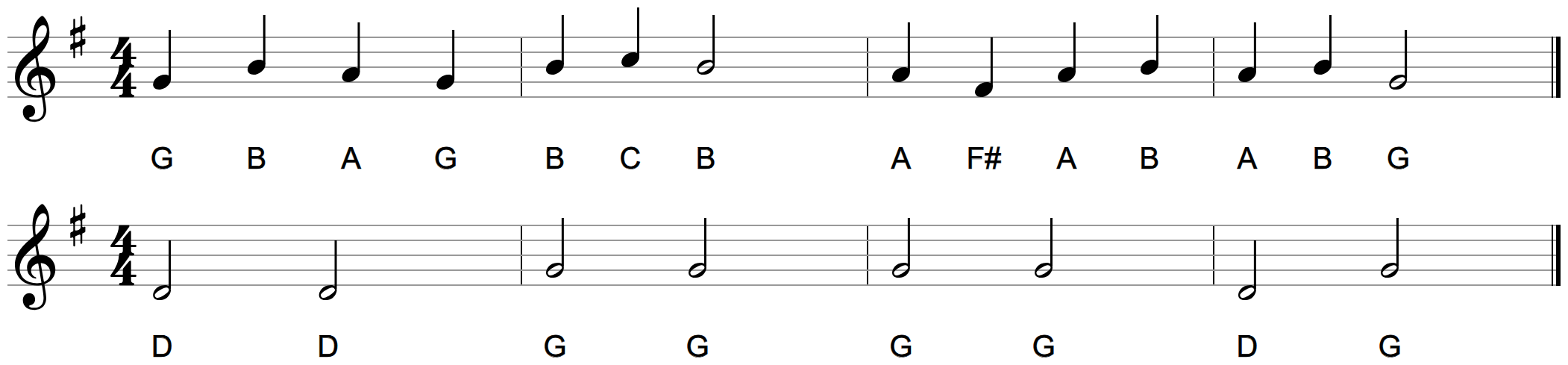 Two staves in G major aligned bar for bar: a four-bar melody above and a second part of held two-beat notes below, with the third bar holding a G underneath an A and an F sharp