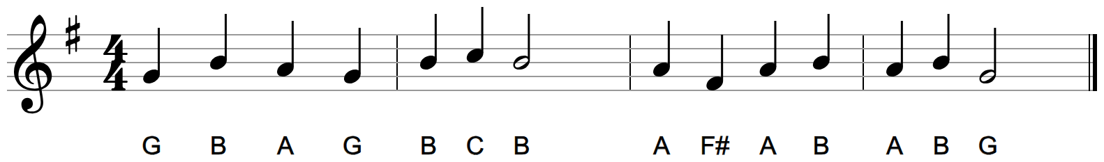 Four bars of melody on the treble staff with a one-sharp key signature, the third bar containing an F sharp
