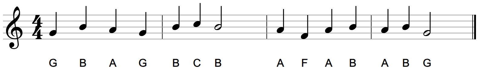 The same four bars of melody on the treble staff with no key signature, so the third bar contains an F natural