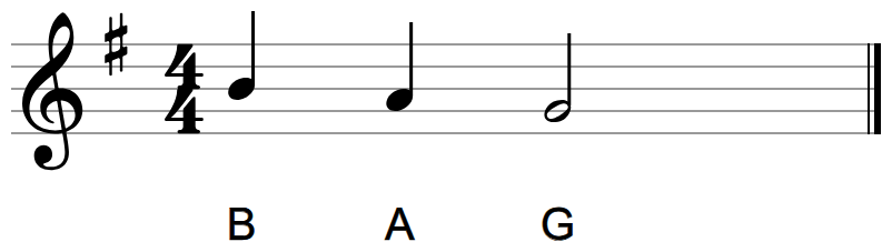 The last bar of a melody in G major on the treble staff, two quarter notes and a half note