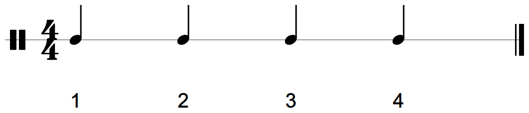 One bar of four quarter notes on a single-line rhythm staff, counted one two three four