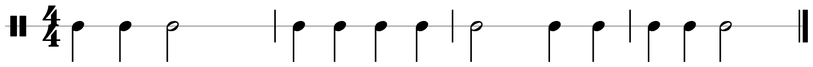 Four bars of rhythm on a single-line staff in four four: two quarters and a half, then four quarters, then a half and two quarters, then two quarters and a half