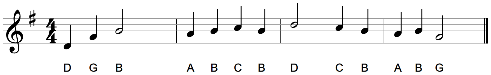 The same four bars of rhythm on the treble staff in G major using six different notes from low D up to high D