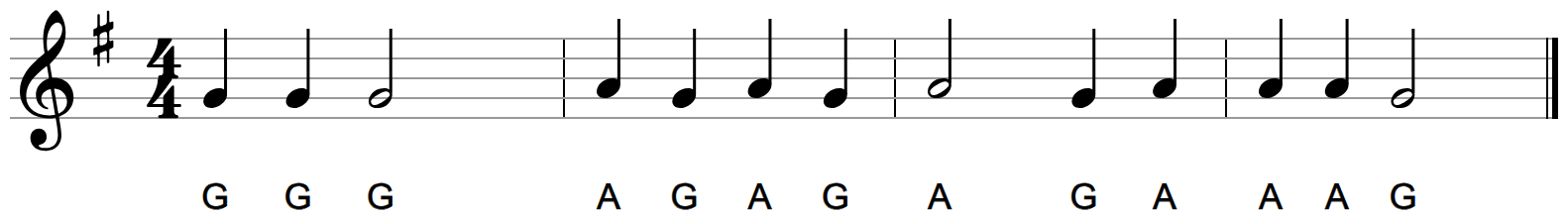 Four bars of melody on the treble staff in G major alternating between just two notes, G and A
