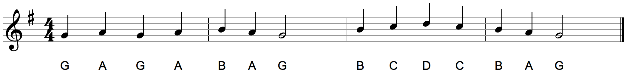 A four-bar melody on the treble staff in G major with letter names under each note, rising to a high D in the third bar
