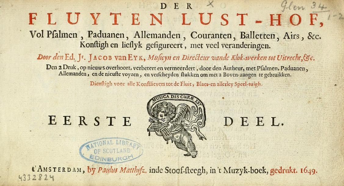 The title page of Der Fluyten Lust-Hof, 1649, in old Dutch lettering