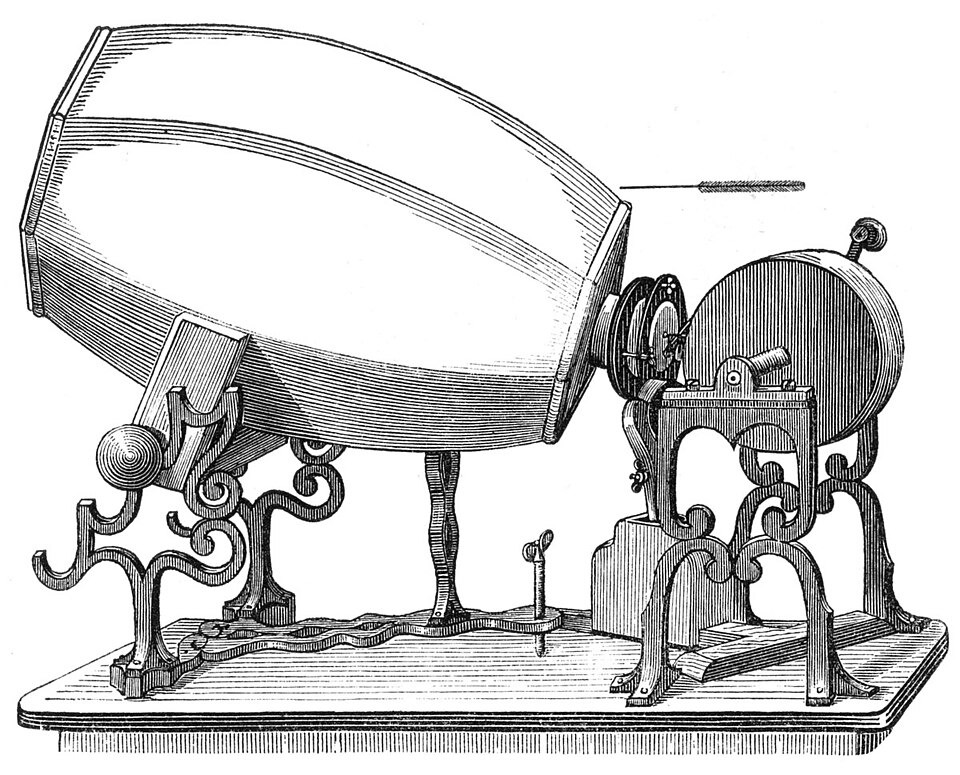 A drawing of the phonautograph: a large barrel-shaped horn feeding a stylus that traces sound onto a turning cylinder