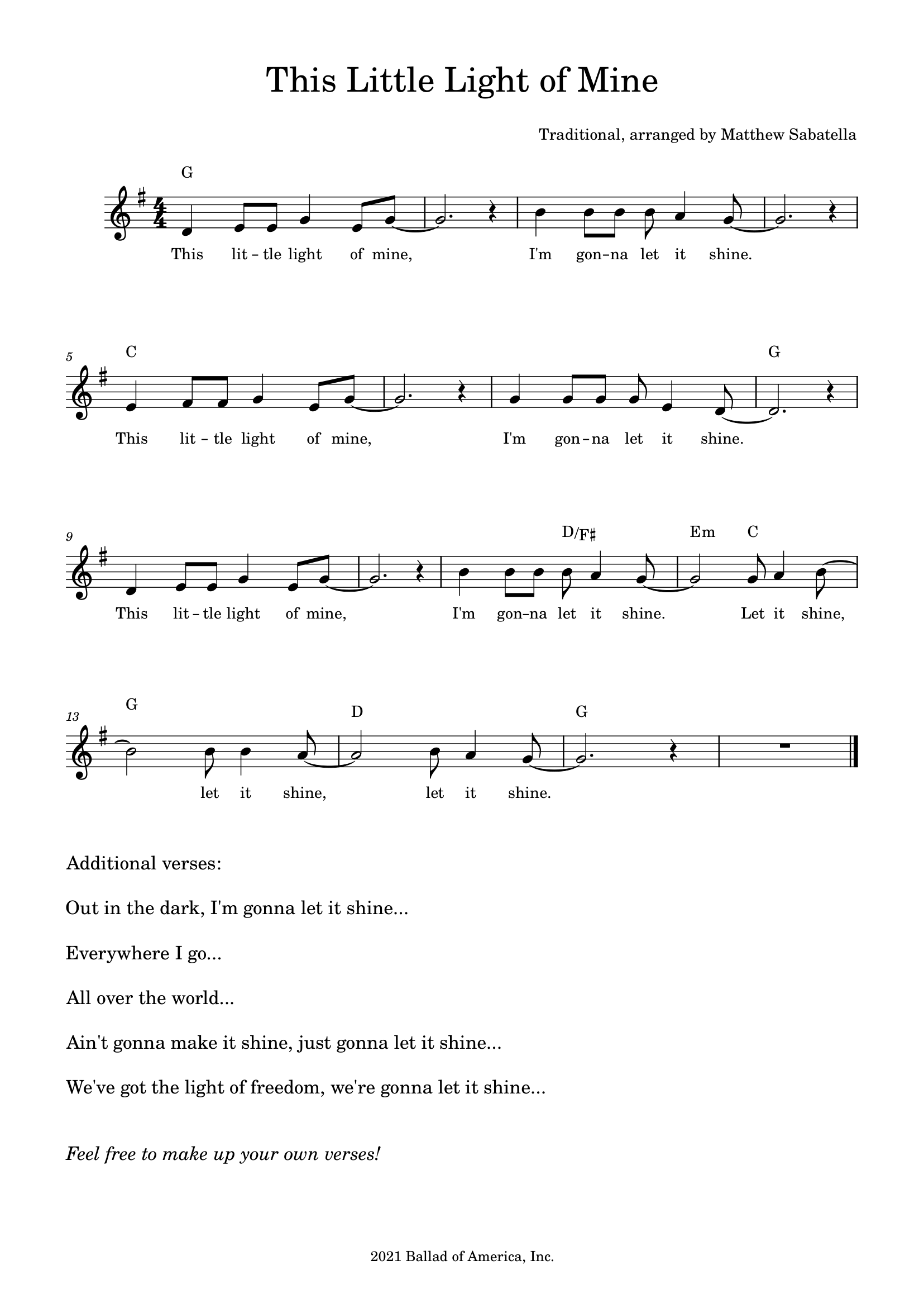 This Little Light of Mine — lead sheet in G major (public domain, Ballad of America)